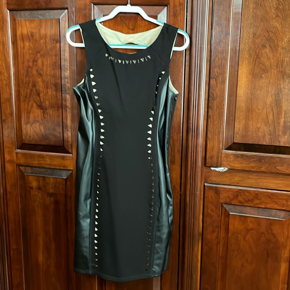 ABS dress black with cut outs, leather black stretch, material size large